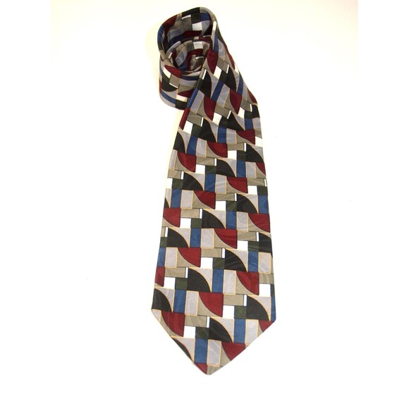 Manhattan Geometric Necktie Red Black Gray Pattern Made in USA 4" x 58" Vintage - Picture 2 of 4